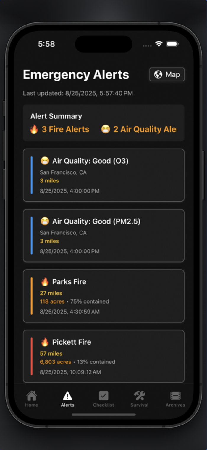 Live Emergency Alerts with fire warnings and air quality data